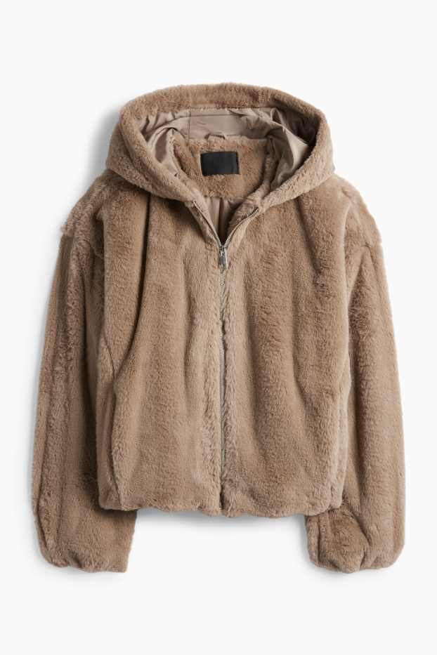Femei - Jachetă din blană artificială cu glugă - maro deschis