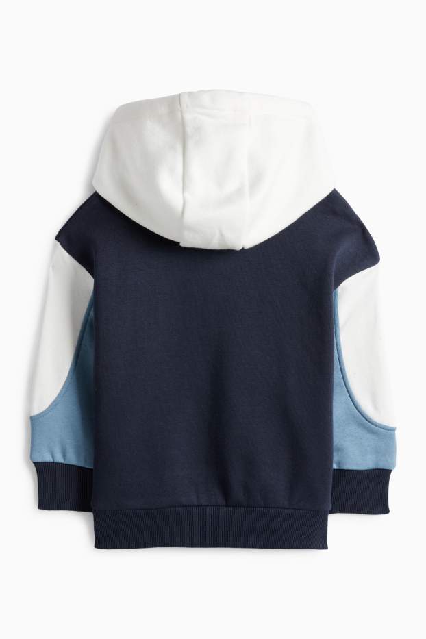 Děti - chlapci - Dinosaurus s bagrem - mikina s kapucí - tmavomodrá