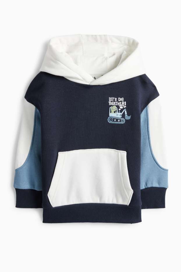 Děti - chlapci - Dinosaurus s bagrem - mikina s kapucí - tmavomodrá