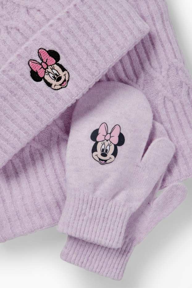 Děti - dívky - Minnie Mouse - souprava - čepice s bambulí, tunelová šála a palčáky - světle fialová