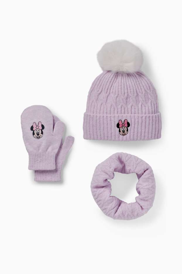Děti - dívky - Minnie Mouse - souprava - čepice s bambulí, tunelová šála a palčáky - světle fialová