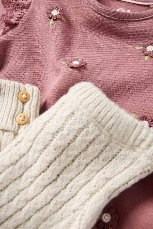 Baby: meisjes - Bloemetjes - babyoutfit - 3-delig - donker rose