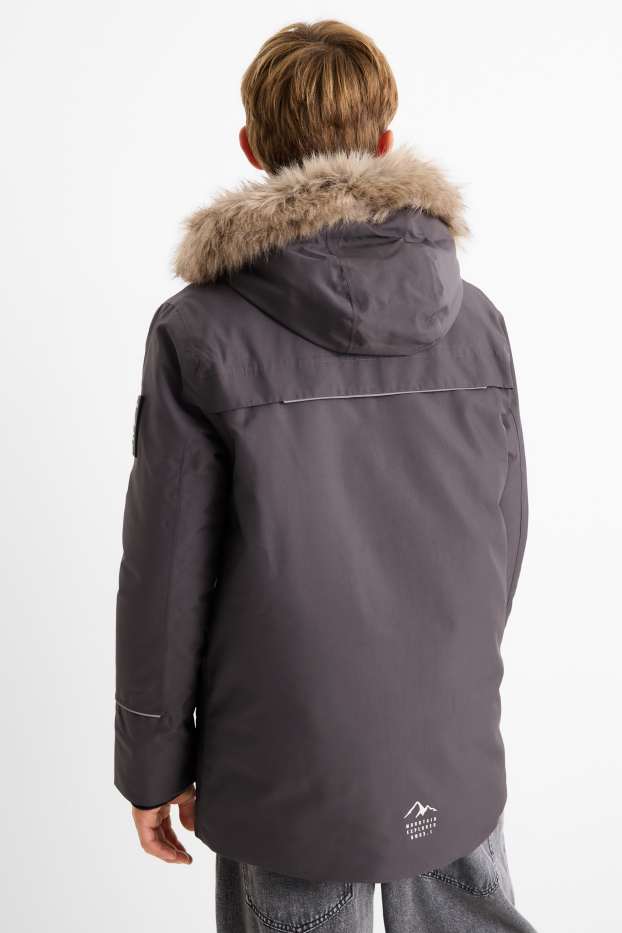 Kinder Jungen - Regenjacke mit Kapuze und Kunstfellbesatz - gefüttert - dunkelgrau