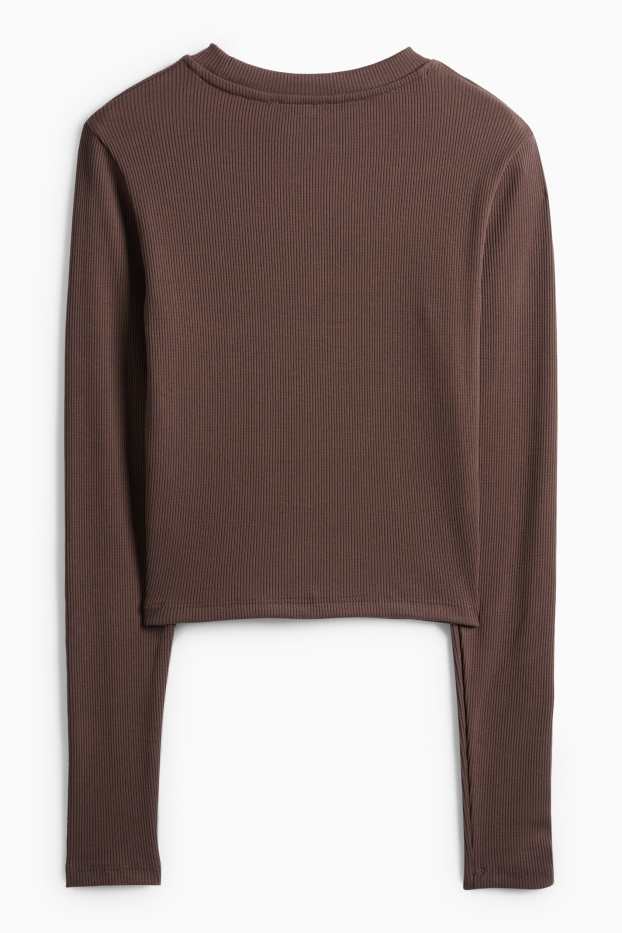 Women - Cropped long sleeve top - slim fit - ribbed - dark brown