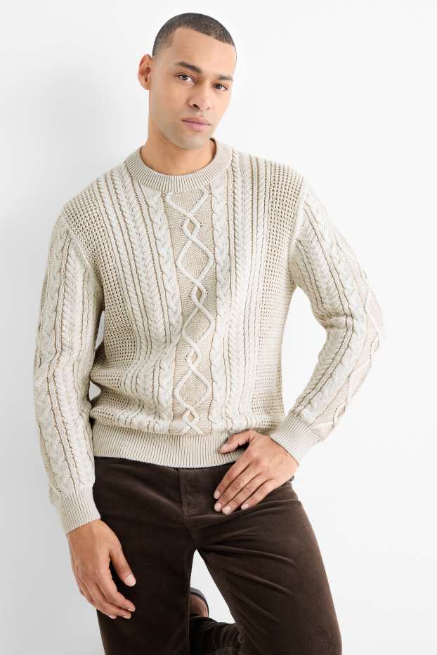 Herren - Pullover - Zopfmuster - hellbeige