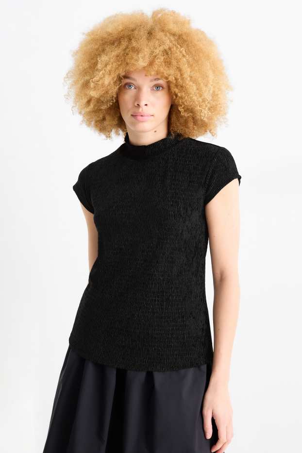 Dona - Samarreta de vellut de mànigues curtes - regular fit - texturada - negre