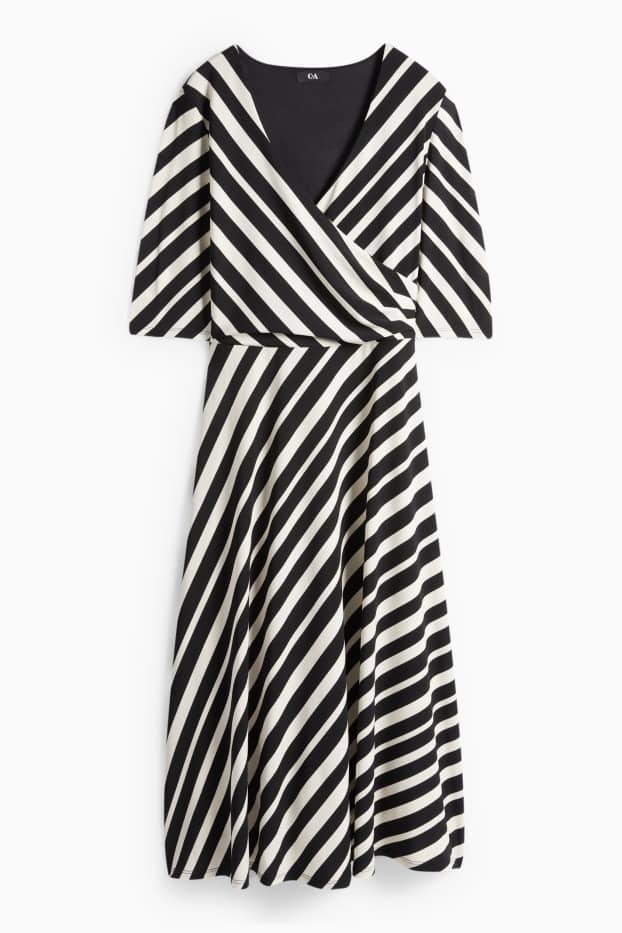 Women - V-neck dress - straight fit - striped - black / beige