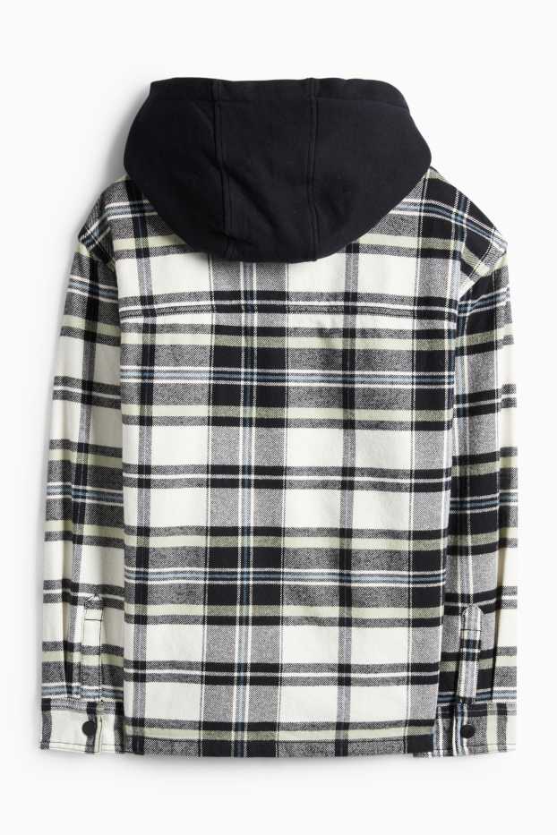 Děti - chlapci - Flanelová košilová bunda s kapucí - kostkovaná - černá/béžová