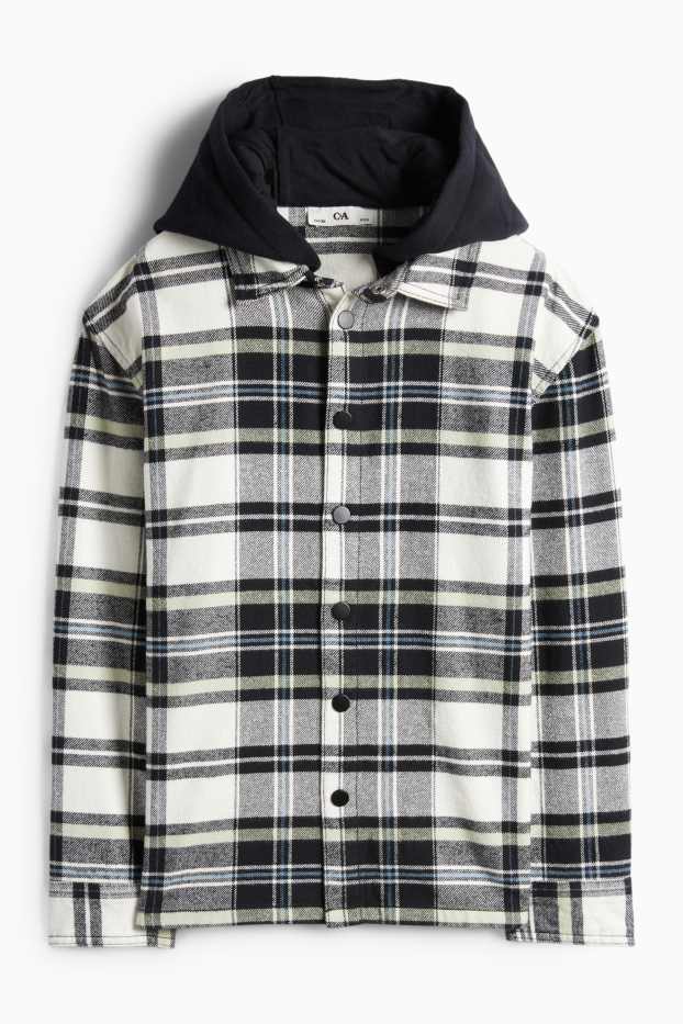 Děti - chlapci - Flanelová košilová bunda s kapucí - kostkovaná - černá/béžová