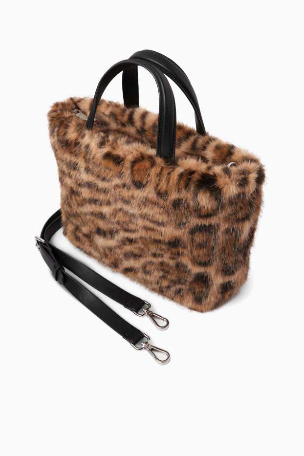 Damen - Kleiner Kunstfell-Shopper mit abnehmbarem Taschengurt - schwarz / beige