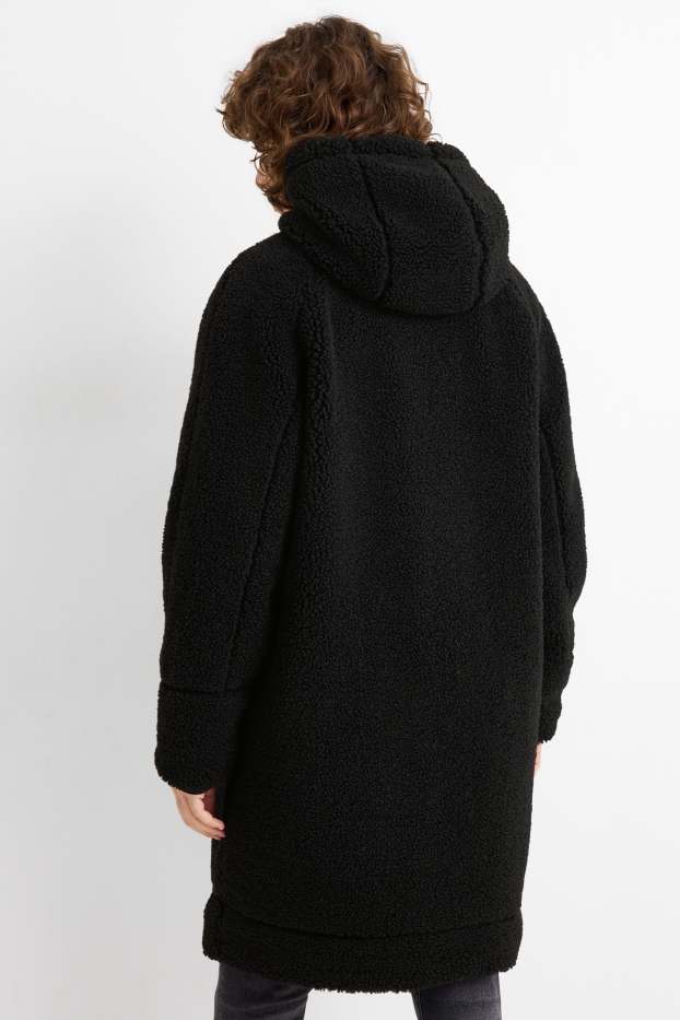 Damen - Teddy-Mantel mit Kapuze - schwarz