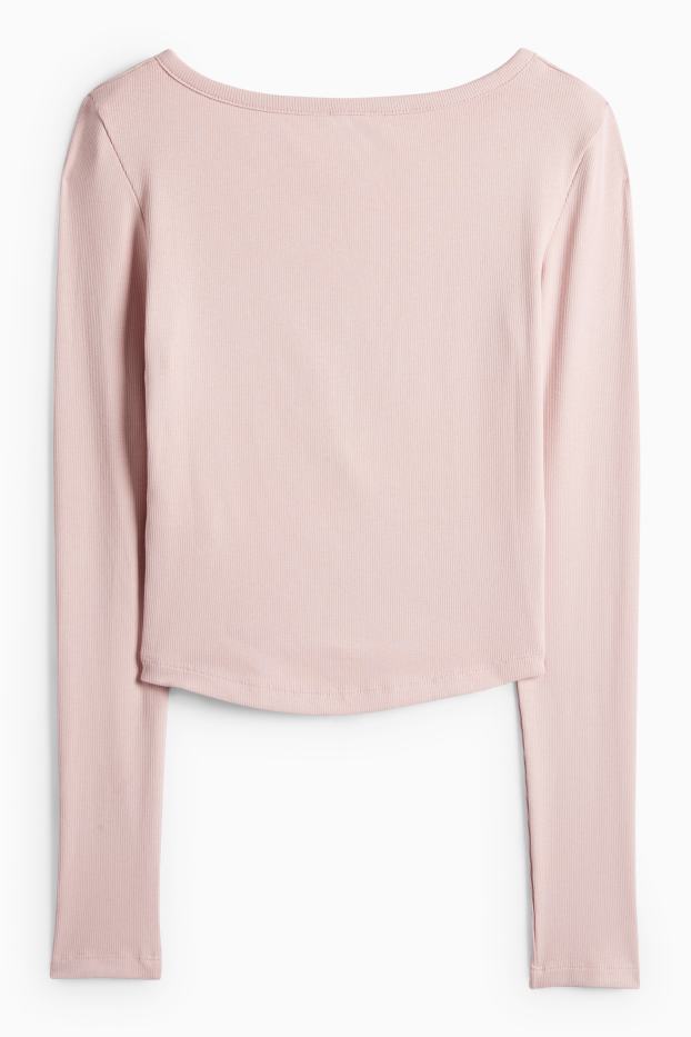 Dámské - Krátké tričko ve stylu henley - slim fit - žebrované - růžová