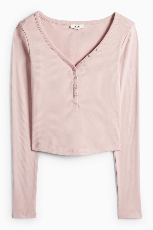 Dámské - Krátké tričko ve stylu henley - slim fit - žebrované - růžová