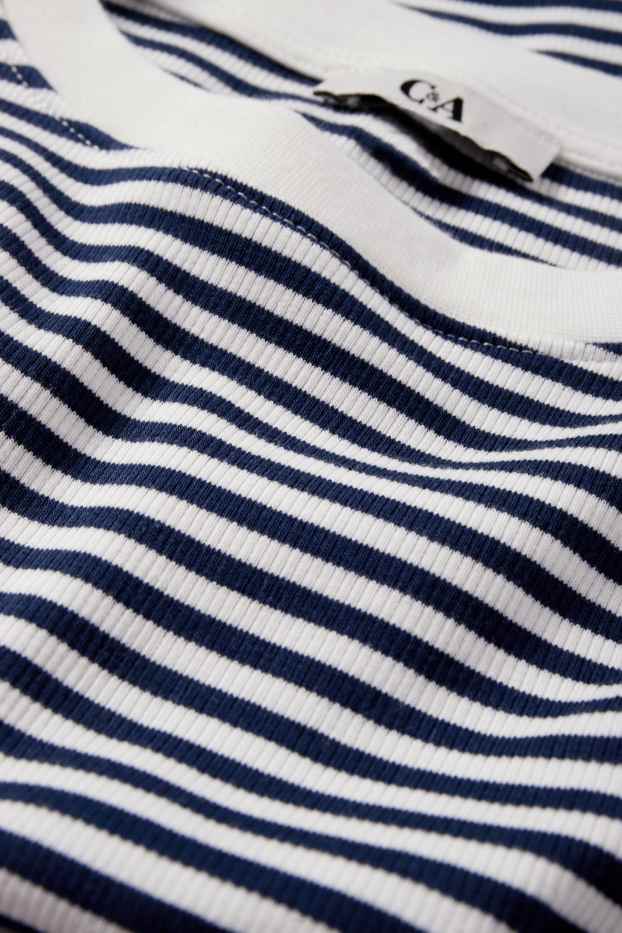 Dámské - Krátké tričko s dlouhým rukávem - slim fit - žebrované - pruhované - tmavomodrá/bílá