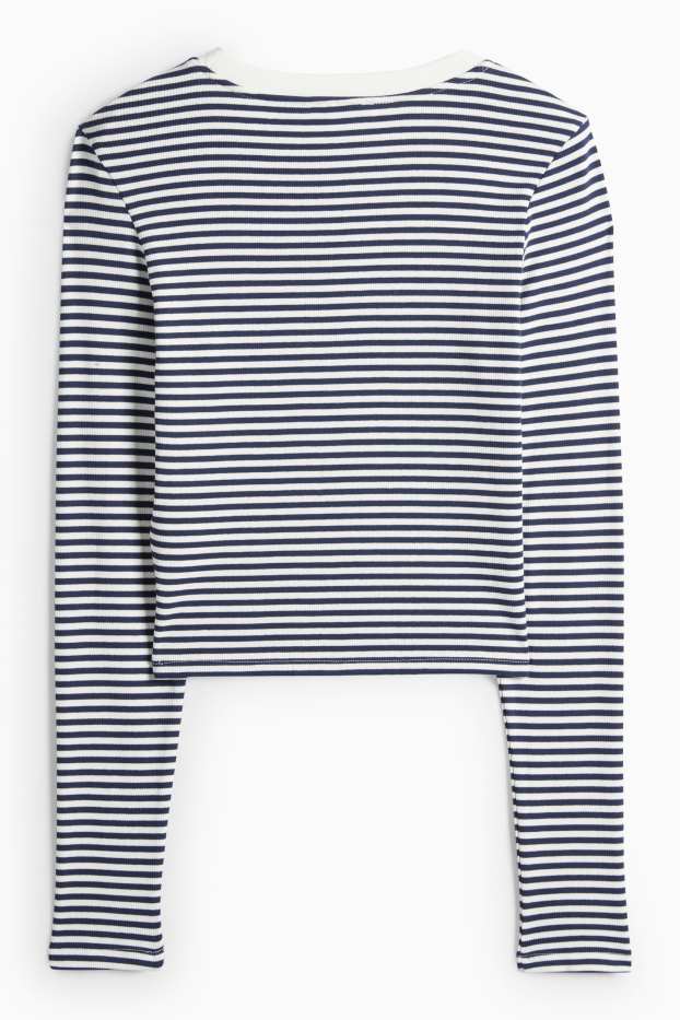 Dámské - Krátké tričko s dlouhým rukávem - slim fit - žebrované - pruhované - tmavomodrá/bílá