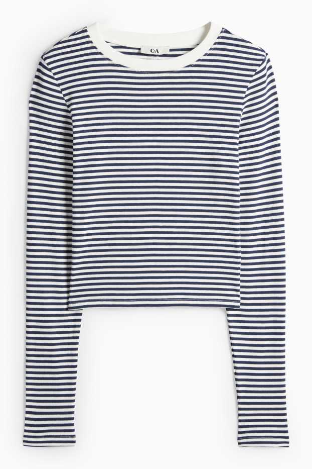 Dámské - Krátké tričko s dlouhým rukávem - slim fit - žebrované - pruhované - tmavomodrá/bílá