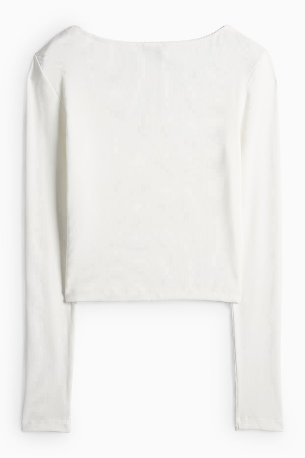 Dámské - Krátké tričko s dlouhým rukávem - slim fit - žebrované - krémově bílá