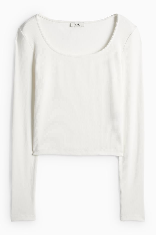 Dámské - Krátké tričko s dlouhým rukávem - slim fit - žebrované - krémově bílá