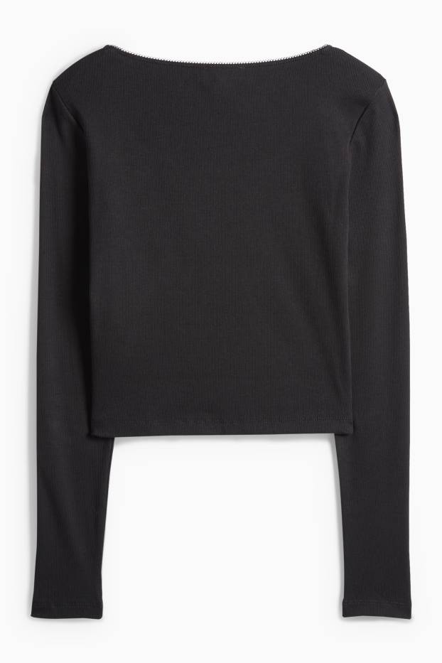 Dámské - Krátké tričko s dlouhým rukávem - slim fit - žebrované - černá