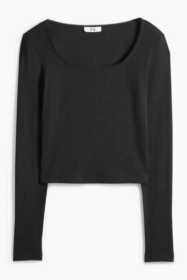 Dámské - Krátké tričko s dlouhým rukávem - slim fit - žebrované - černá