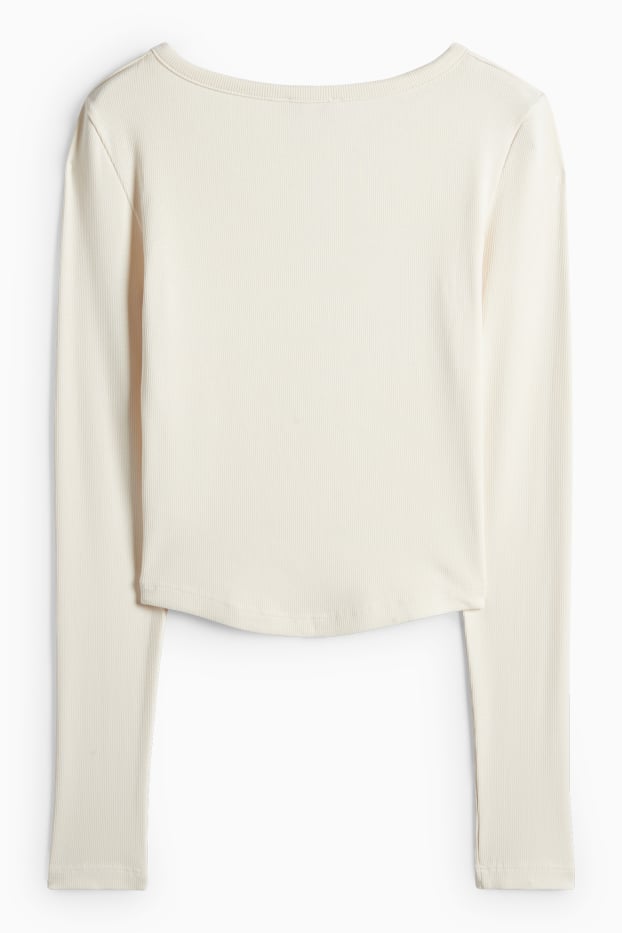 Dámské - Krátké tričko ve stylu henley - slim fit - žebrované - krémově bílá