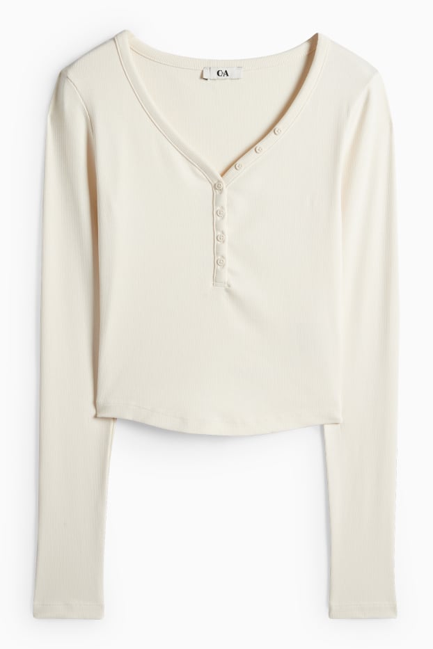 Dámské - Krátké tričko ve stylu henley - slim fit - žebrované - krémově bílá