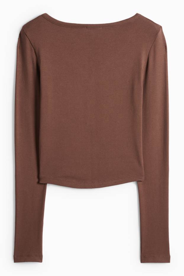 Damen - Crop Henley-Shirt - Slim Fit - gerippt - dunkelbraun