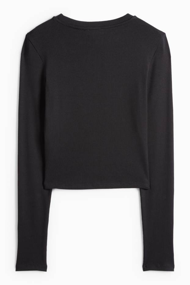 Femei - Tricou crop cu mânecă lungă - slim fit - reiat - negru