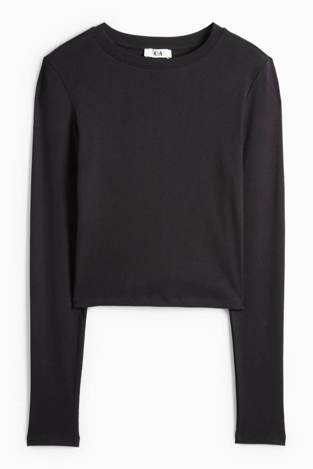 Femei - Tricou crop cu mânecă lungă - slim fit - reiat - negru