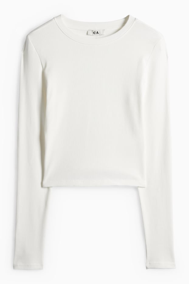 Femei - Tricou crop cu mânecă lungă - slim fit - reiat - alb-crem