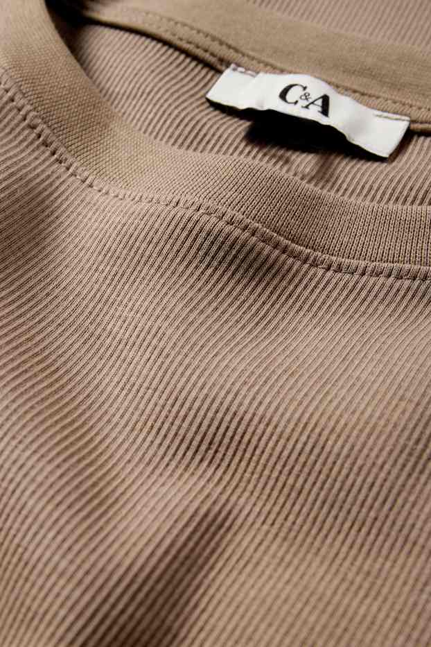 Dámské - Krátké tričko s dlouhým rukávem - slim fit - žebrované - taupe