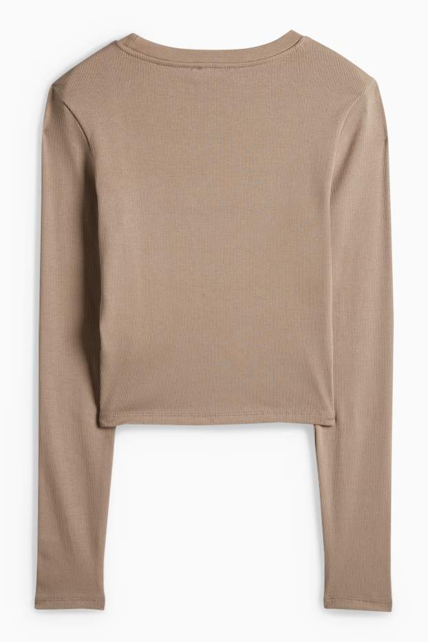 Dámské - Krátké tričko s dlouhým rukávem - slim fit - žebrované - taupe