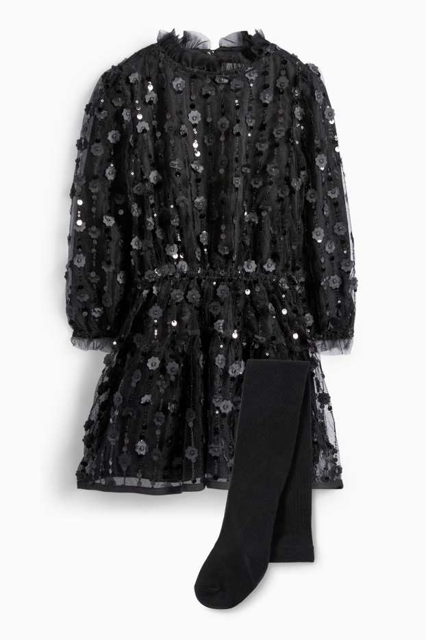 Enfants filles - Fleur - ensemble - robe et collants - 2 pièces - noir