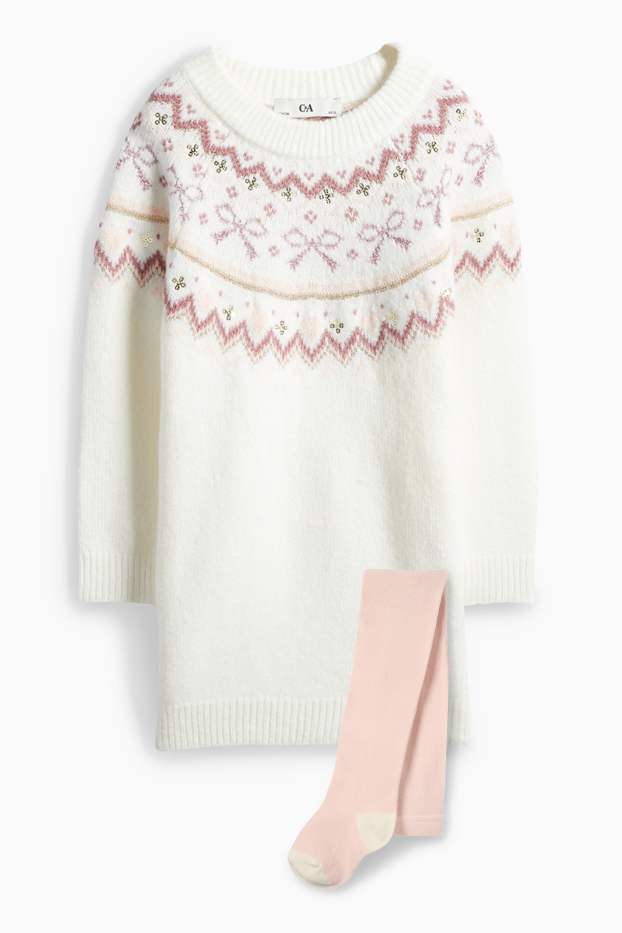Děti - dívky - Mašle - souprava - pletené šaty a punčochové kalhoty - 2dílná - krémově bílá