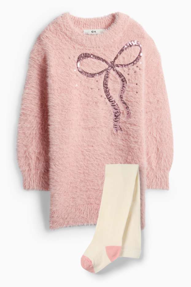 Kinder Mädchen - Schleife - Set - Strickkleid und Strumpfhose - 2 teilig - rosa
