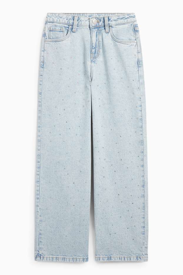 Kinder Mädchen - Wide Leg Jeans mit Strasssteinen - helljeansblau