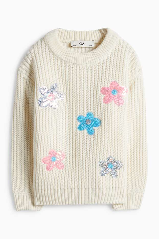 Děti - dívky - Květiny - svetr - žebrovaný - krémově bílá