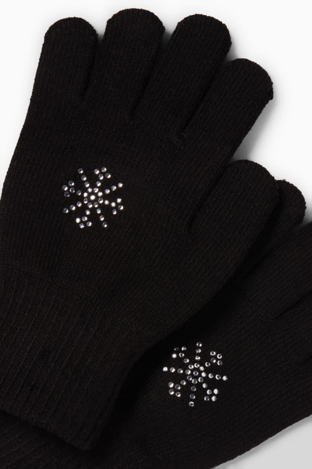 Kinder Mädchen - Handschuhe mit Strasssteinen - schwarz
