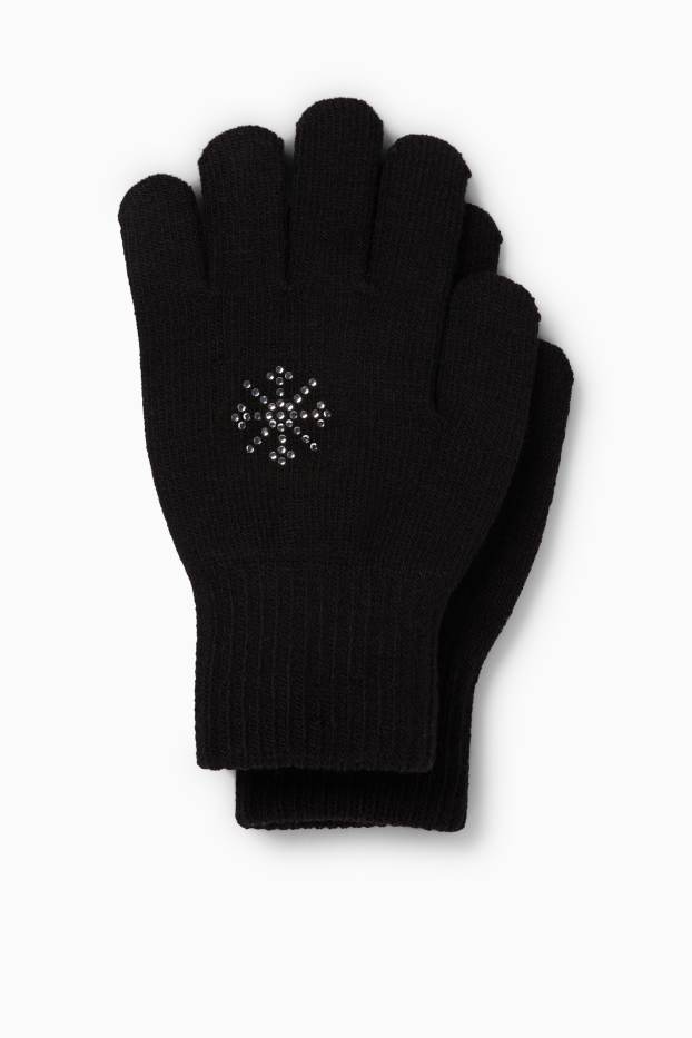 Kinder Mädchen - Handschuhe mit Strasssteinen - schwarz