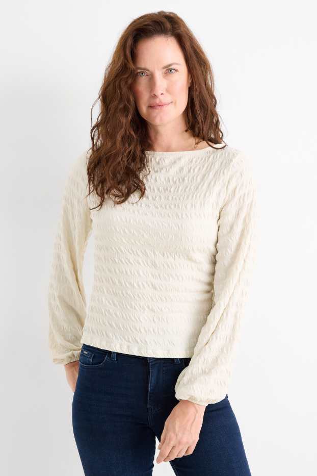 Women - Long sleeve top - regular fit - smocked - cremewhite