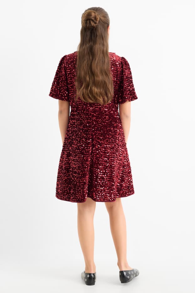 Bambine - Vestito in velluto con paillettes - rosso scuro