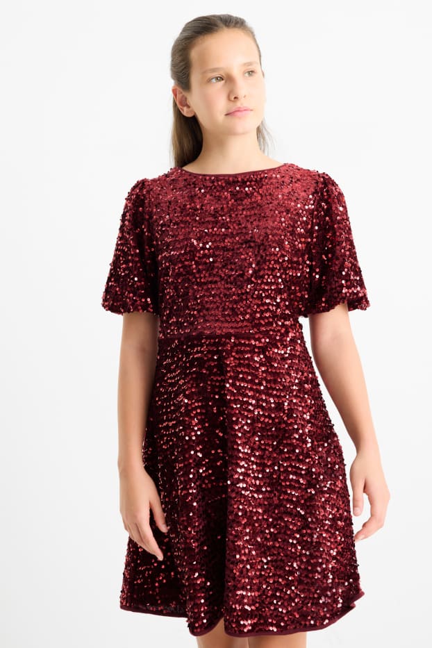 Bambine - Vestito in velluto con paillettes - rosso scuro