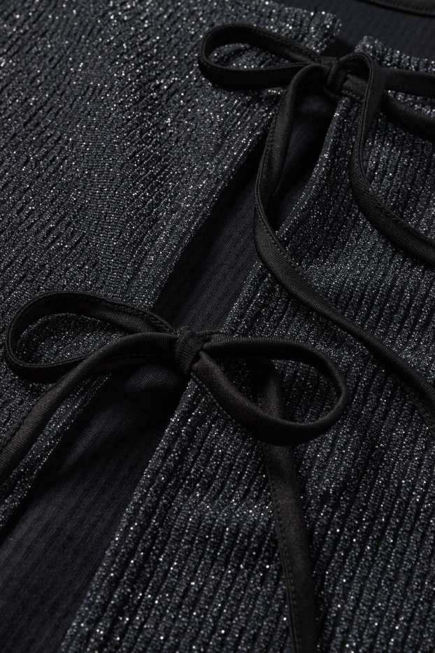 Dámské - Krátké tričko s dlouhým rukávem - slim fit - žebrované - černá