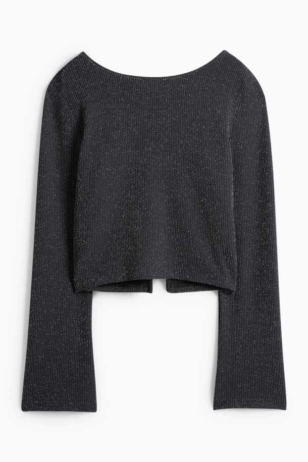 Dámské - Krátké tričko s dlouhým rukávem - slim fit - žebrované - černá