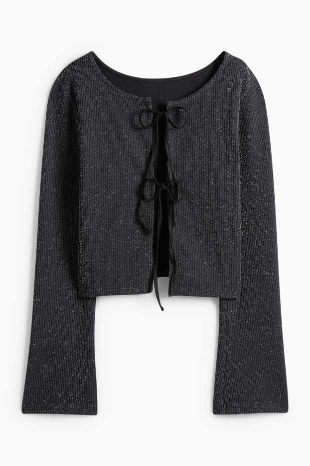 Dámské - Krátké tričko s dlouhým rukávem - slim fit - žebrované - černá
