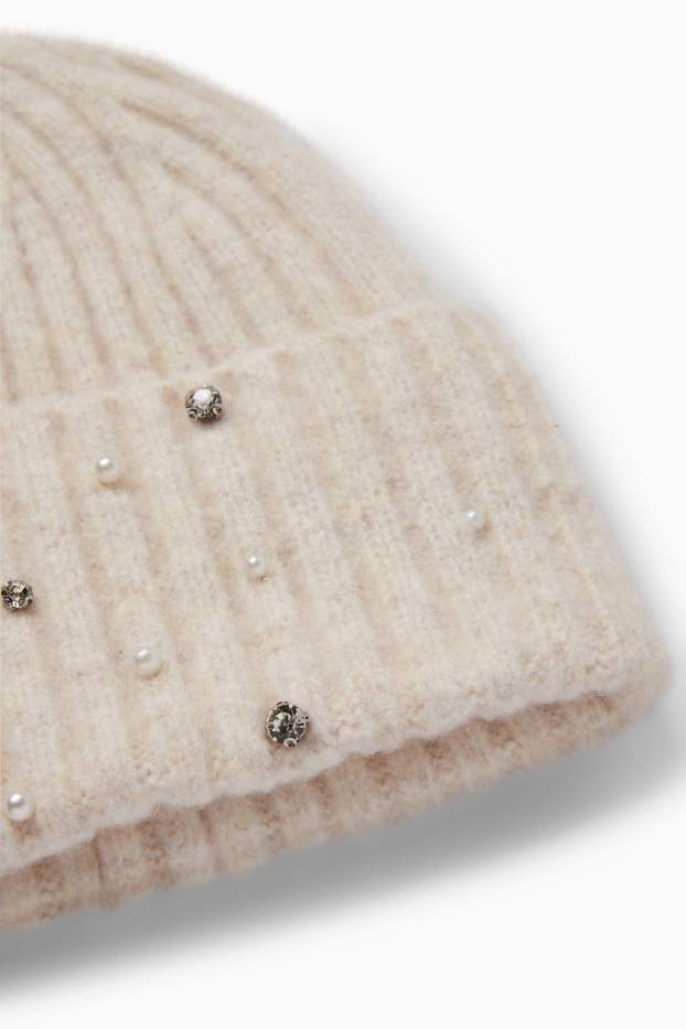 Women - Hat with rhinestones - ribbed - beige-melange