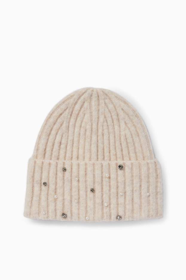 Women - Hat with rhinestones - ribbed - beige-melange