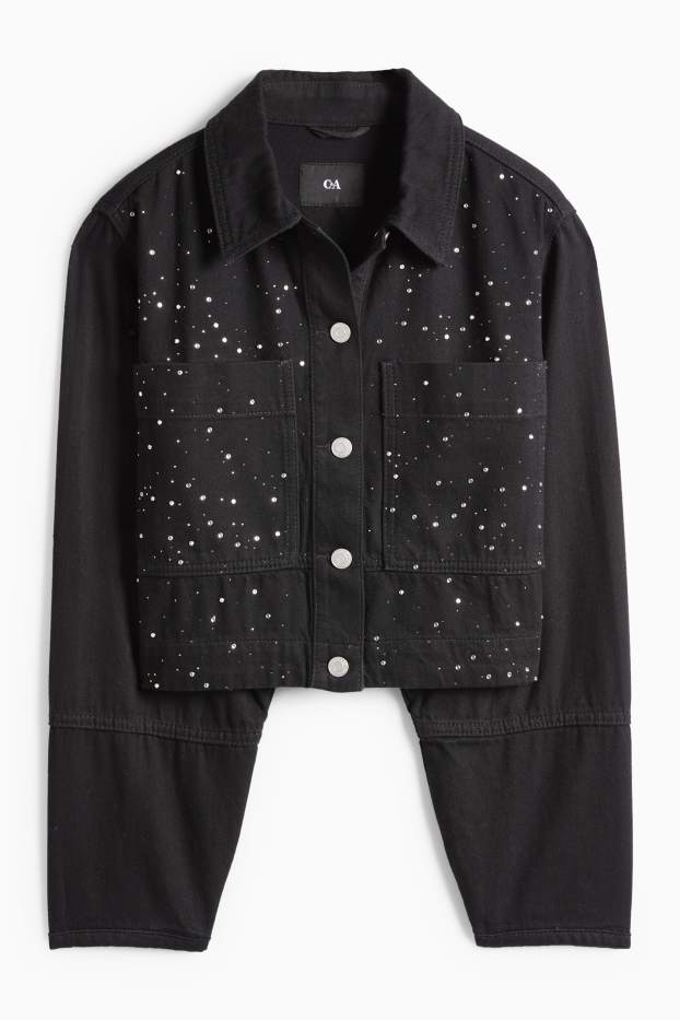 Donna - Giacca di jeans corta con strass - nero
