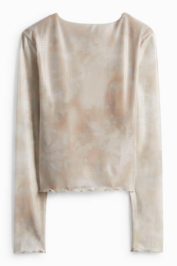 Dámské - Tričko s dlouhým rukávem - slim fit - ze síťovaného materiálu - se vzorem - béžová