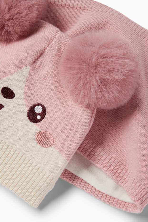 Children Girls - Kawaii - set - pom-pom hat and snood - 2 piece - rose